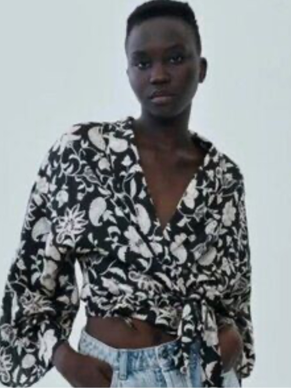 NWOT Zara Tie-Front Crop Top In White, Black, Turquoise. Long Sleeve Deep V-Neck